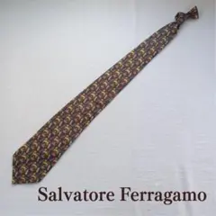 フェラガモ ネクタイ 灰色 馬柄総柄 高級絹 イタリア製 人気【n8969】
