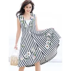 チェスティ ジャンパースカート 0ネイビー/ホワイト フラワー刺繍 ストライプ