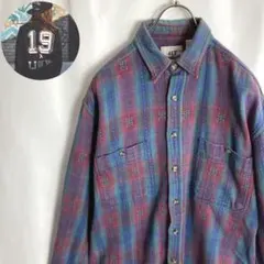 Vintage古着 チェック柄 長袖シャツ 厚手 民族柄 グリーン 紫色 L