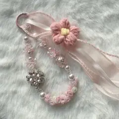 ビーズキーホルダー No.553 桜×ピンク シルバー レース