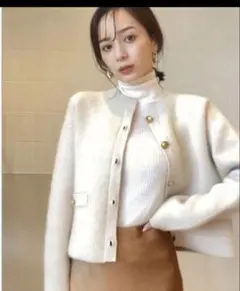 anuans ラクーンブレンドノーカラーニットジャケット アイボリー