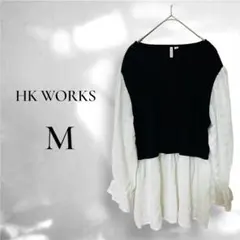 しまむら HKWORKS 黒白レイヤード リブニット風 ブラウス Ｍ