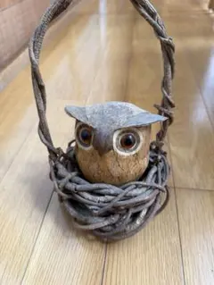 フクロウのオブジェ ツルの巣付き　置物　雑貨　ふくろう アンティーク　昭和