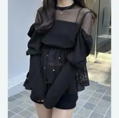 GRL シースルー　チュールレイヤード風パールトップス【tu993】