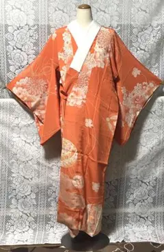 【アンティーク】長襦袢　正絹　オレンジ系　古布　和装