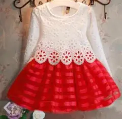 可愛い　90-100cm レース×ボーダー*ドレスワンピース　赤
