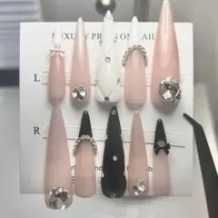 ネイルチップ スナ系 フレンチガーリー ロング リボン フレンチ