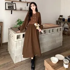 新品 大きいサイズ4L前後 Aラインワンピース ロング丈ハートボタン 秋冬茶p