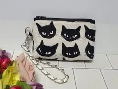 ハンドメイド　持ち手つき12㎝ミニファスナーポーチ　コスメカード　猫柄　小物入れ