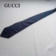 グッチ ネクタイ 藍色 ストライプ 総柄 イタリア製 フォーマル【n3560】