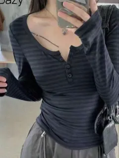 レディース 長袖 トップス Tシャツ ヘンリーネック ボーダー