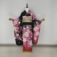 正絹お振袖　8点フルセット　黒　芙蓉・バラ　　Lサイズ　美品のサムネイル