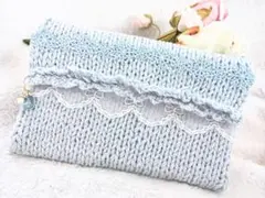 ニット蛇腹ポーチ　ハンドメイド　チェコビーズ　シール　紙物　コラージュ素材