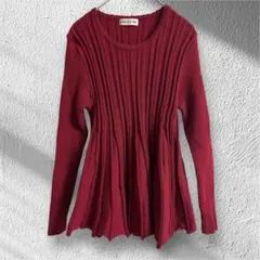 プラスワン 長袖ニット　リブ編み　フィット＆フレア　ウール ワインレッド