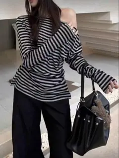 ストライプ オフショルダー 長袖トップス