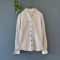 コムサイズム［S］大人エレガント◎フリルネック◎ストライプ柄ノーカラーシャツ