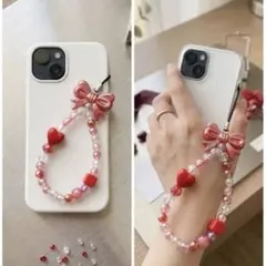 赤のときめき◆プリンセスリボンとハートの大人可愛いビーズストラップ/ハンドメイド