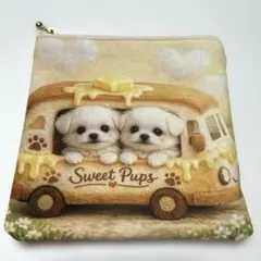 マルチーズパネル生地　ハンドメイド　両面パネルフラットポーチ 限定品❣️レアパネル生地 マルチーズbagフラット両面ポーチ