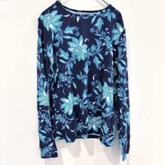 Lands' End【XS】長袖 Tシャツ 花柄ブルー系 青 海外古着オシャレ春