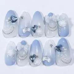 【♡No.23♡】ネイルチップ 青 ブルー ガーリー リボン ハート 量産型