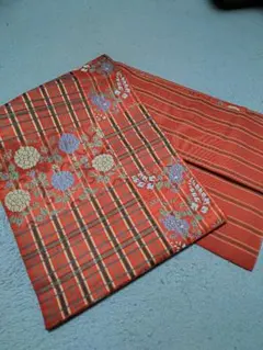 【最終値下】美品 赤い花柄チェック袋帯