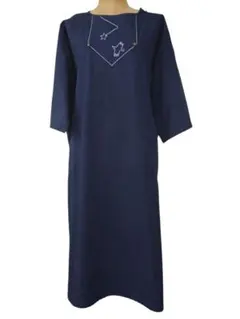 ネイビー 半袖ロングワンピース コットン ステッチ模様 個性的 フリーサイズ