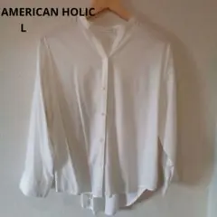 《AMERICAN HOLIC 》とろみレーヨン白 バンドカラー長袖シャツ　L