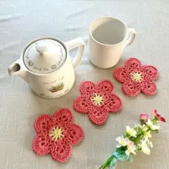 梅　桃　手編みドイリーコースター茶托ガーランドアップリケ　3枚　ハンドメイド