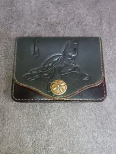 高級レザー 亀カービングコインケース 緑 ハンドメイド