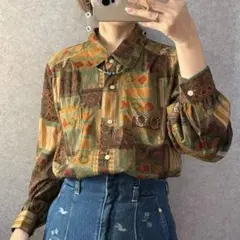 ヴィンテージ レトロ古着 エスニック柄オーバーサイズシャツ 総柄 茶系