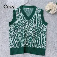 ニットベスト　ゼブラ柄　コットン100% グリーン　Ｖネック　総柄
