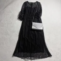 アサクラ/総レース/ロングワンピース/シアー/フレア/フォーマル/ブラック/38