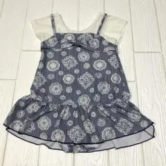 水着 130cm 女の子 重ね着風 水泳 ストライプ プール ネイビー ホワイト