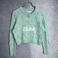ZARA ケーブルニットカーディガン パステルグリーン クロップド丈 Mサイズ