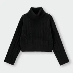 GU ブラック ケーブル編み タートルネックセーター