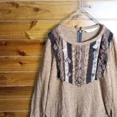 ブラウス　カットソー　レース　フリル　花　アンティーク調　ヴィンテージ　レトロ