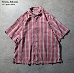 Tommy Bahamaシルクコットン半袖チェックシャツ古着ピンク系織柄CBOY