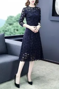 ワンピース レース Aライン 結婚式 フォーマル 紺色 膝丈 7分袖