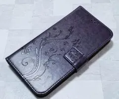 iphone11 用 スマホケース 手帳型 草花 蝶 エンボス パープル 紫色