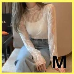 【新品】M 総レース　シアーシャツ　白　シンプルシャツ　シフォンシャツ　白シャツ