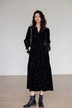 Vネックベルベットエレガントドレス ベロア ワンピース マキシ ティアード