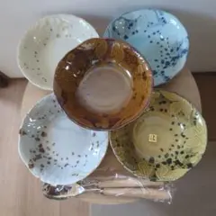 【新品未使用】栗山多色陶器皿5枚＋大1枚セット（スプーンフォーク付き）