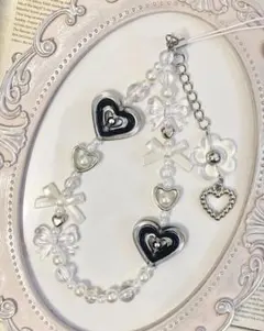 468 ブラック　黒　リボン　ハート　ビーズ　ストラップ　キーホルダー　チャーム