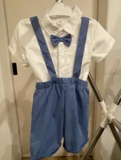 フォーマルスーツ 100cm 白/青 サスペンダー付き　1歳半〜2歳18-24M