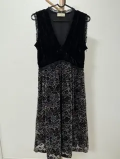 Ruandor Vネック ワンピース 黒 ベロア レース