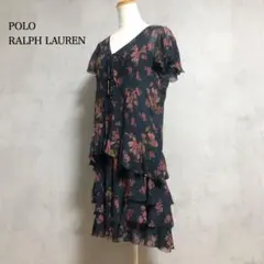 ポロラルフローレン　シルク100　花柄　フリル　ティアード　シフォンワンピース
