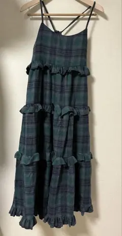 グリーン チェック柄 ティアード フリルキャミワンピース 古着