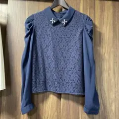 ネイビー 花柄レース パフスリーブ ブラウス