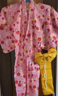ピンクのイチゴと水玉模様 浴衣と帯