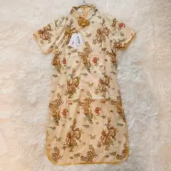チャイナドレス ワンピース 半袖 龍柄 イエロー ゴールド 光沢 上品 華やか